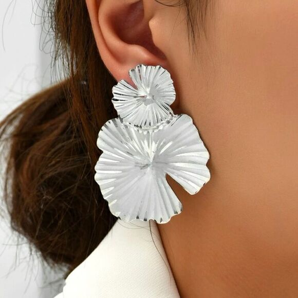 Silver Tone Textured Flower Drop Earrings - Picture 1 of 3